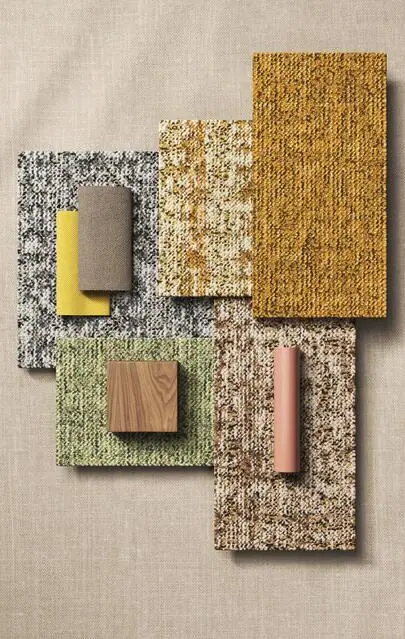 Moodboard met Desso Linon-stalen in geel, groen en roze