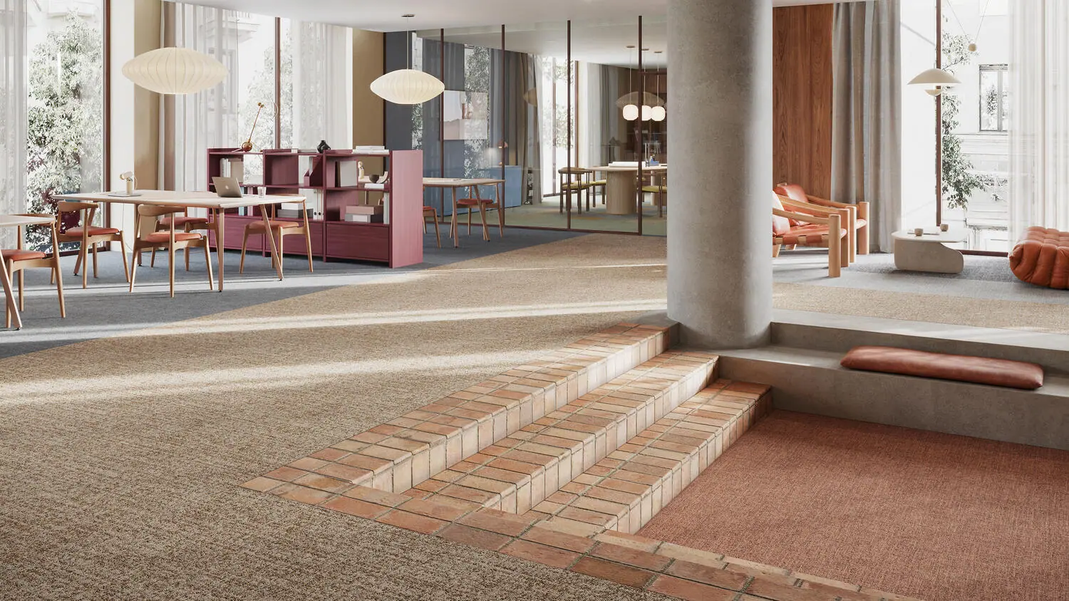 Moderne kantoorruimte met Desso Linon Unity tapijttegels in neutrale tinten en terracotta accenten, sfeervol gecombineerd voor een stijlvolle en functionele projectvloer.