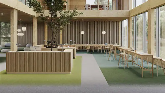 Moderne kantoorruimte met Desso tapijt: Fuse voor overgangen, Landscape voor dynamiek, Fields voor werkplekken. Harmonie tussen tapijt, houten meubels en natuurlijk licht.