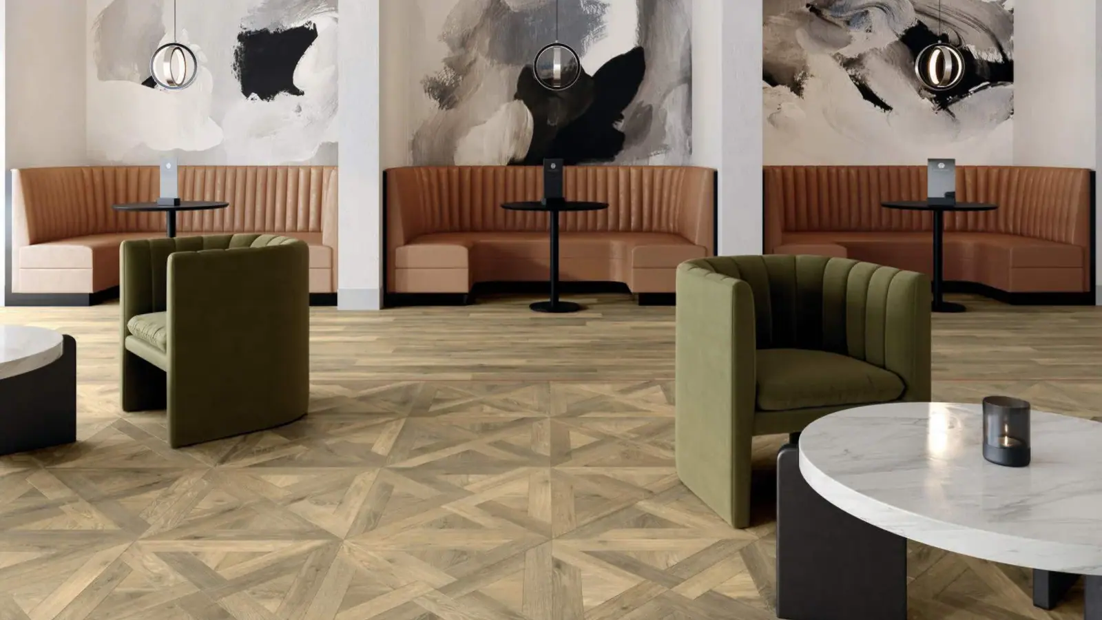 Hotellounge met PVC visgraatvloer in eikenlook