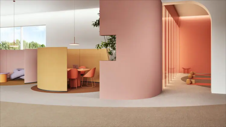 Kantoorruimte met Desso AirMaster Classic tapijttegels in grijstinten, ingericht met moderne bureaus en ergonomische stoelen.