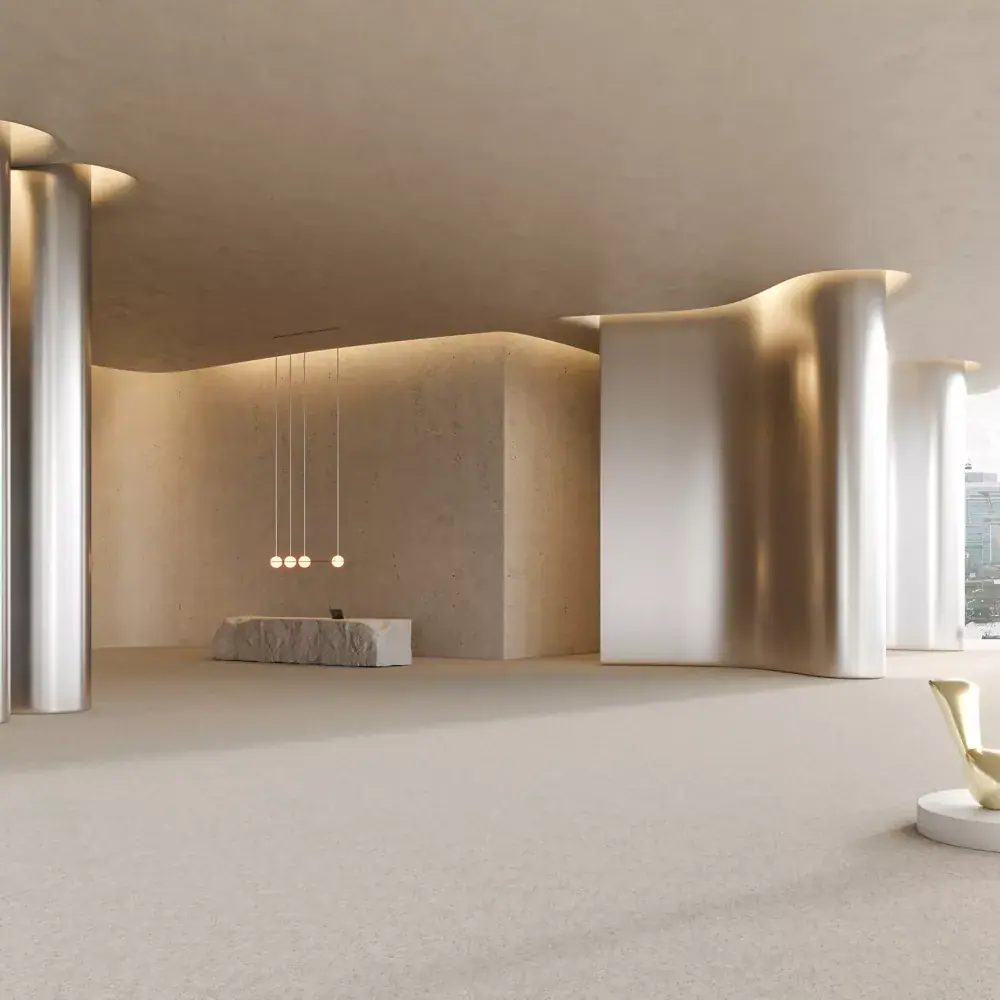 Kamerbreed tapijt van Modulyss Leaf in een moderne kantoorruimte met natuurlijke uitstraling en duurzame materialen.