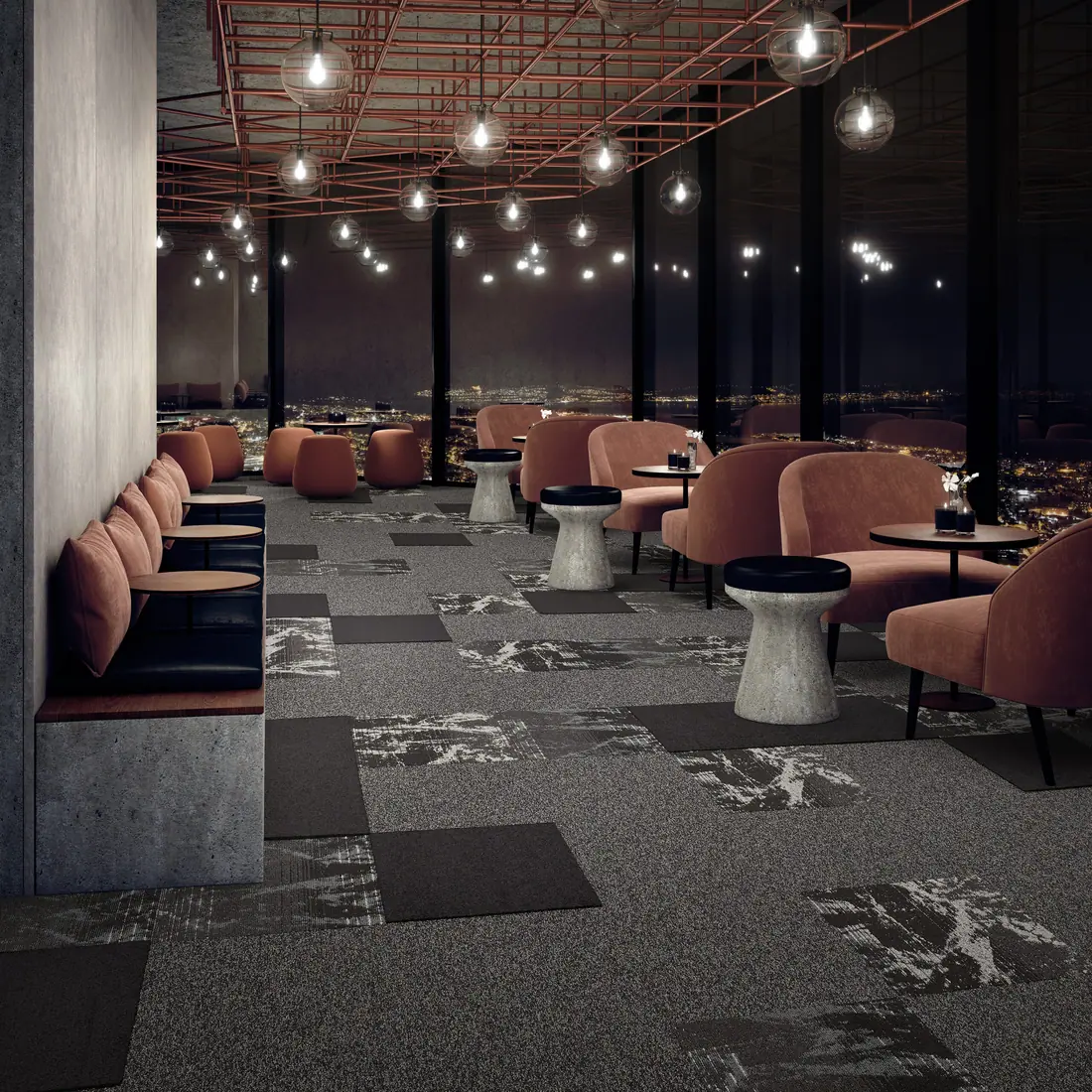 Modulyss Spark tapijttegels met stijlvolle metallic glans in een projectruimte