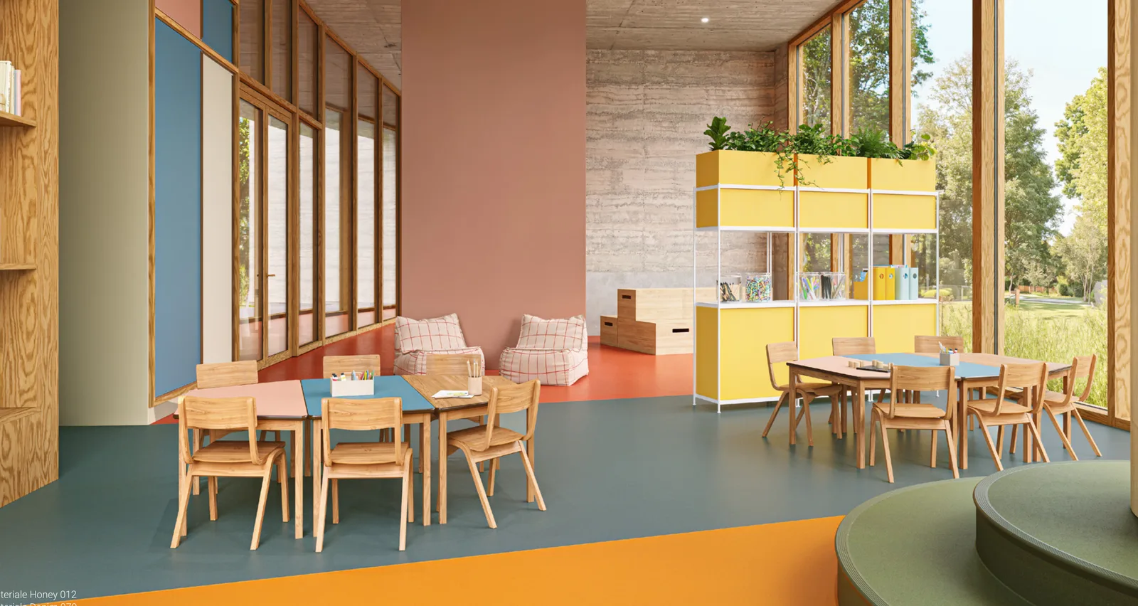 Schoollokaal met Tarkett Lino Materiale in Honey, Denim en Blush