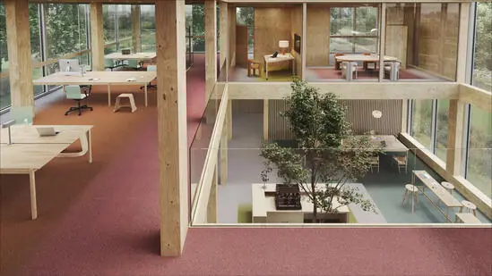 DESSO Fuse Landscape als overgang tussen vlakken DESSO Fields in een kantoor