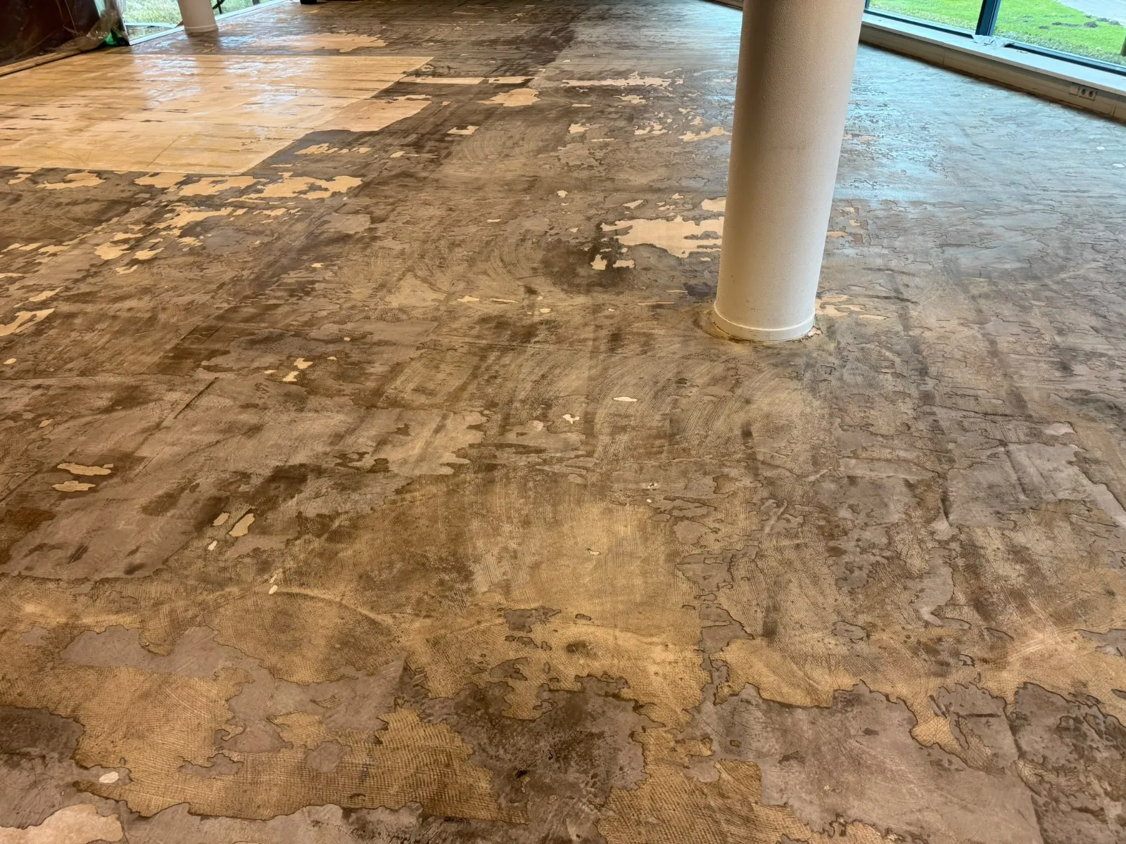 Ondervloer met lijmresten na het verwijderen van het marmoleum