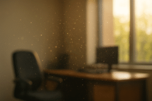 Close-up van zwevende fijnstofdeeltjes in kantoorruimte met zonlicht Close-up-van-zwevende-fijnstofdeeltjes-in-kantoorruimte-met-zonlicht.