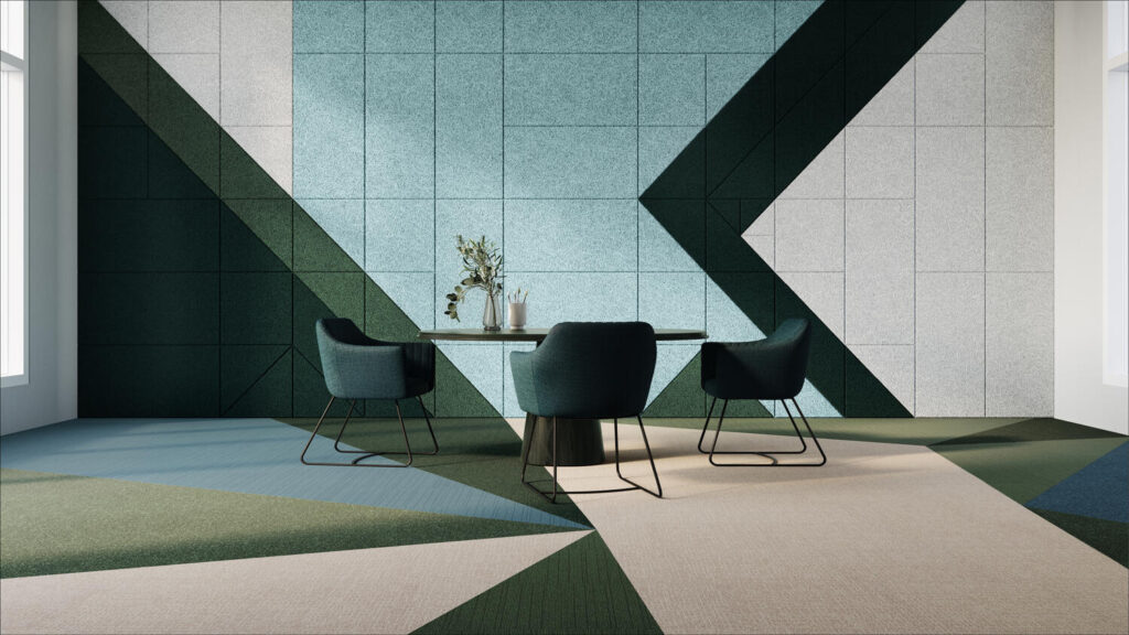 Kantoorvloer met Desso AirMaster Classic, Sphere en Earth tapijttegels in beige, groene en blauwtinten, gelegd in een dynamisch patroon voor zonescheiding en visuele variatie.